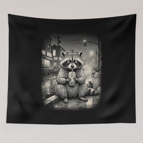 Item preview, Raccoon Drinking Boba Tea On The Street Feral designed and sold by dudelinart.