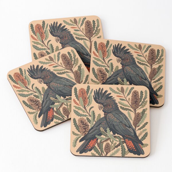 Item preview, Red-Tailed Black Cockatoo in Saw Banksia Modern Australiana Folk Art designed and sold by Wennebabs.