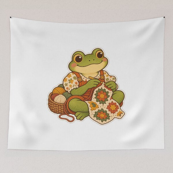 Item preview, Cute Retro Crochet Frog with Floral Blanket designed and sold by BAAKSHOP.