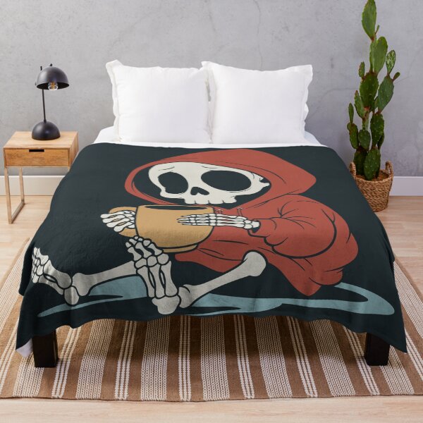Item preview, Tired Skeleton in Red Hoodie Drinking Coffee – Cozy Goth & Funny Halloween designed and sold by Drawings Project.