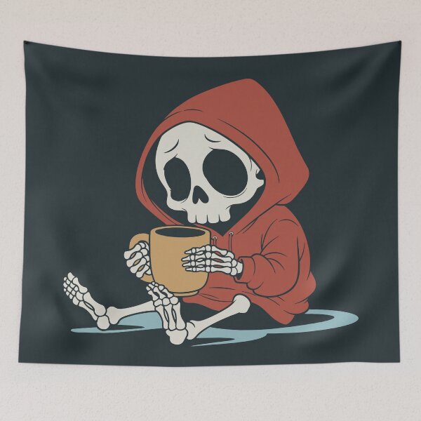 Item preview, Tired Skeleton in Red Hoodie Drinking Coffee – Cozy Goth & Funny Halloween designed and sold by Drawings Project.