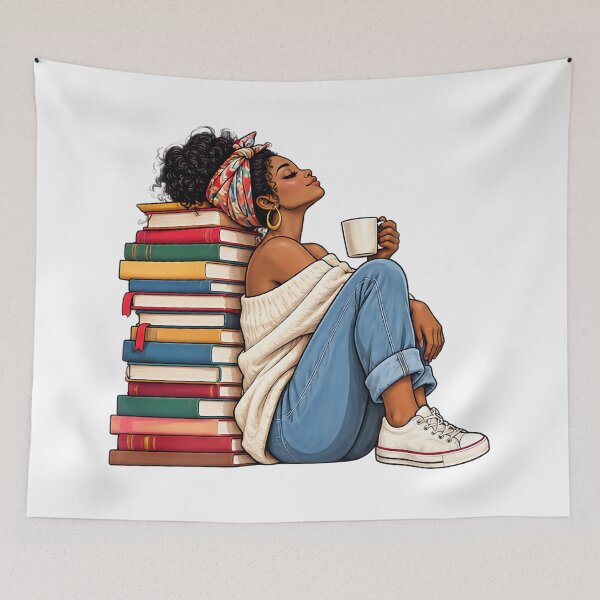 Item preview, Black Woman and Books Stack Afro Girl Book Lover designed and sold by ArtDesignTp.