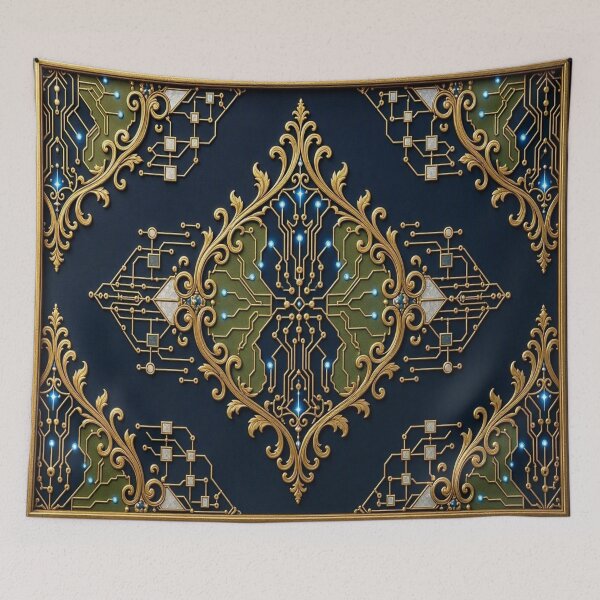Item preview, Luxury Cyberpunk Baroque Crest Tech Damask Green Pattern designed and sold by Breezes-of-Ida.