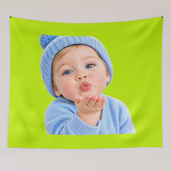 Item preview, Cute Baby Blowing a Kiss in Blue Knitted Outfit designed and sold by MagicCrystal.
