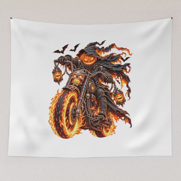 Item preview, Inferno Reaper Halloween Motorcycle – Flaming Pumpkin Rider Dark Fantasy Art designed and sold by aestheticguru.