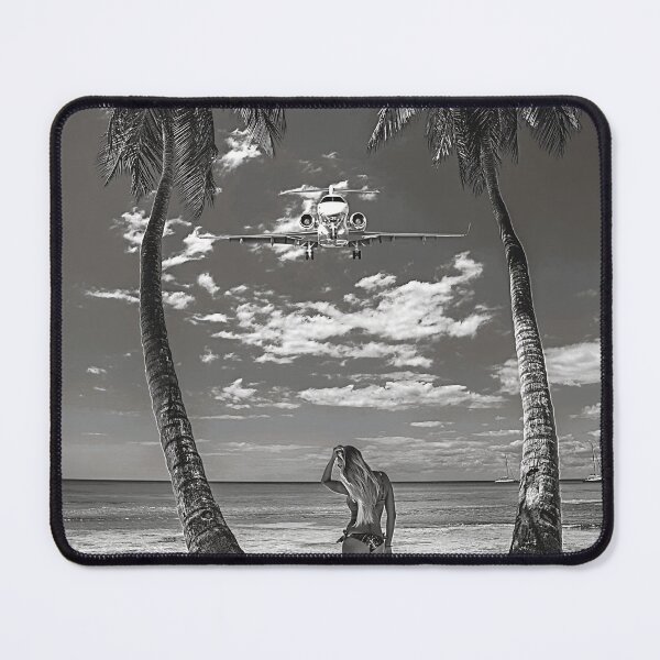 Item preview, Steady as she goes, Paradise Found, Hawaii; airplane flying over two palms and young woman on tropical beach fine art photograph poster designed and sold by Astrid Arkhangelsky.