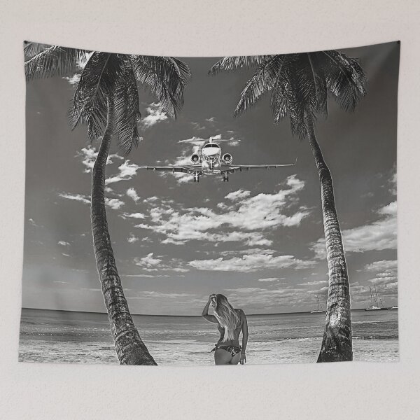 Item preview, Steady as she goes, Paradise Found, Hawaii; airplane flying over two palms and young woman on tropical beach fine art photograph poster designed and sold by Astrid Arkhangelsky.