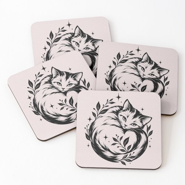 Item preview, Celestial Sleeping Cat Botanical Illustration Tattoo Style designed and sold by Miss Robot Shop.