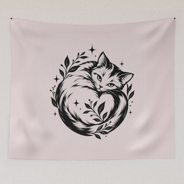 Item preview, Celestial Sleeping Cat Botanical Illustration Tattoo Style designed and sold by Miss Robot Shop.