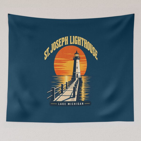 Item preview, St. Joseph North Pier Lighthouse Michigan Vintage Sunset | Lake Michigan Retro Coastal Travel Design designed and sold by Globalcitytees.