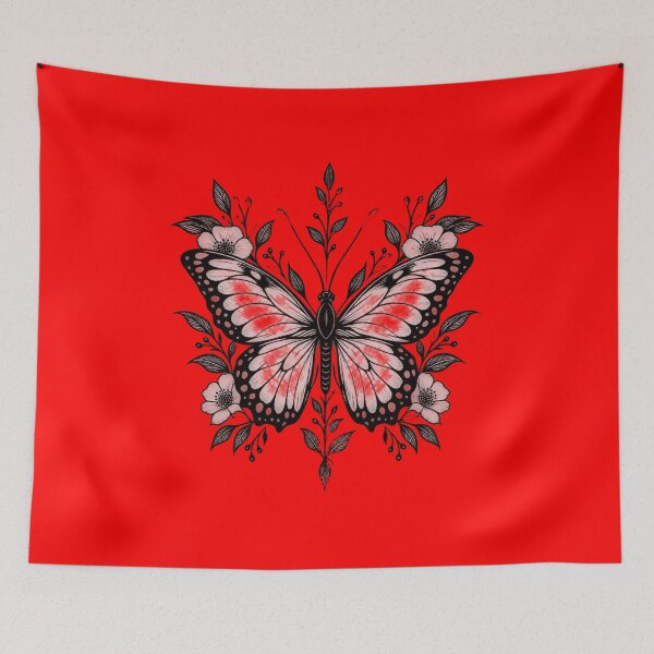 Item preview, Botanical Butterfly Tattoo: Floral Insect Line Art: Red Theme designed and sold by Miss Robot Shop.