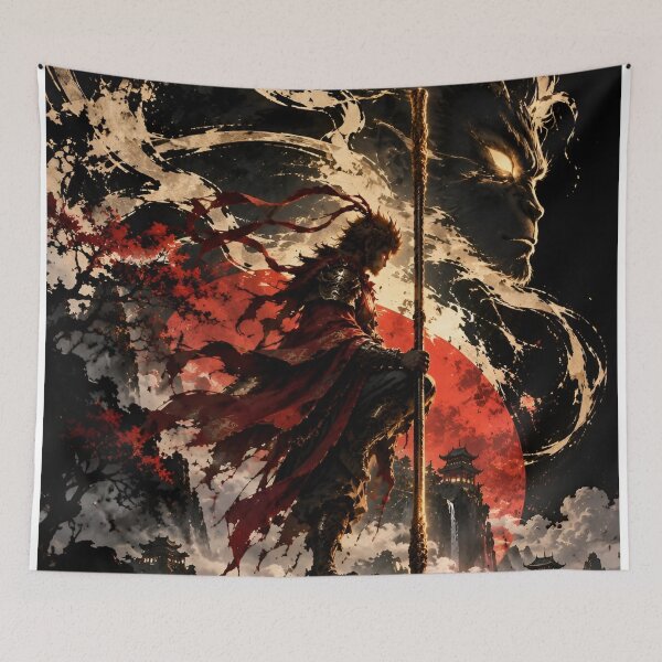 Item preview, Mythic Monkey Warrior – Celestial Staff, Red Moon & Chinese Ink Fantasy Art designed and sold by Dyan4.