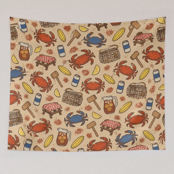 Item preview, Crab Feast Pattern | Maryland Steamed Blue Crabs with Mallets, Crab Pots and Corn designed and sold by StickyGuys.
