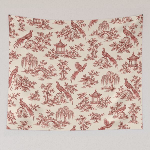 Item preview, Golden Pheasant Toile Pattern | Red Chinoiserie Toile de Jouy with Pagodas, Bamboo and Peonies designed and sold by StickyGuys.