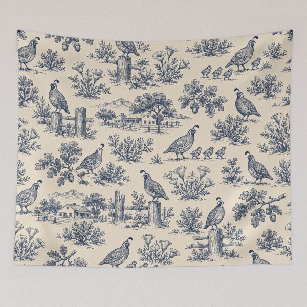 Item preview, California Quail Toile Pattern | Blue Toile de Jouy with Quail Families, Poppies and Oak Trees designed and sold by StickyGuys.