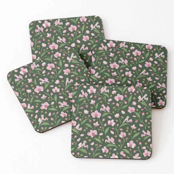 Item preview, Orchid Mantis Pattern | Pink Orchids and Flower Mantis Insects on Dark Green designed and sold by StickyGuys.