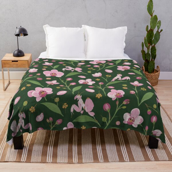 Item preview, Orchid Mantis Pattern | Pink Orchids and Flower Mantis Insects on Dark Green designed and sold by StickyGuys.