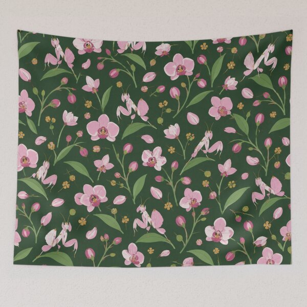 Item preview, Orchid Mantis Pattern | Pink Orchids and Flower Mantis Insects on Dark Green designed and sold by StickyGuys.