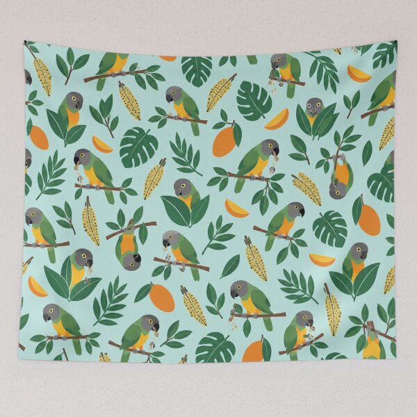 Item preview, Senegal Parrot Pattern | Grey, Green and Orange Parrots with Mango and Millet Sprays designed and sold by StickyGuys.