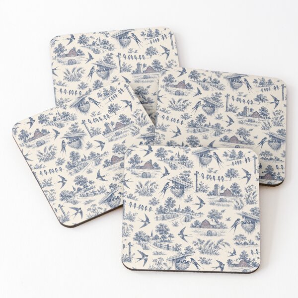 Item preview, Barn Swallow Toile Pattern | Blue Toile de Jouy with Swallows, Barns and Country Lanes designed and sold by StickyGuys.