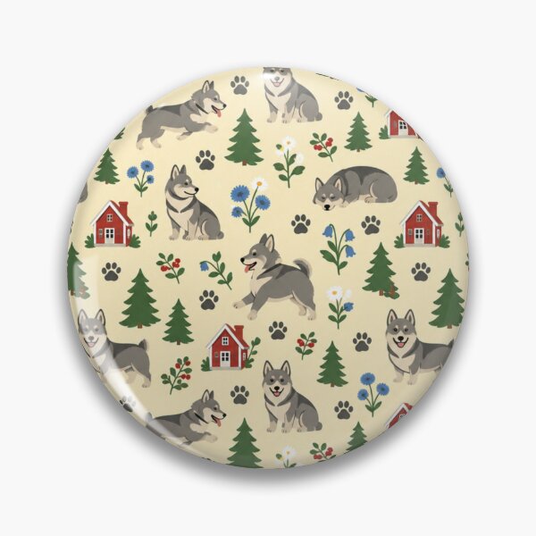 Item preview, Swedish Vallhund Dog Pattern | Herding Dogs with Red Cottages, Fir Trees and Wildflowers designed and sold by StickyGuys.