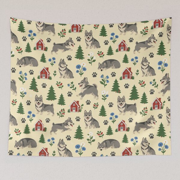 Item preview, Swedish Vallhund Dog Pattern | Herding Dogs with Red Cottages, Fir Trees and Wildflowers designed and sold by StickyGuys.