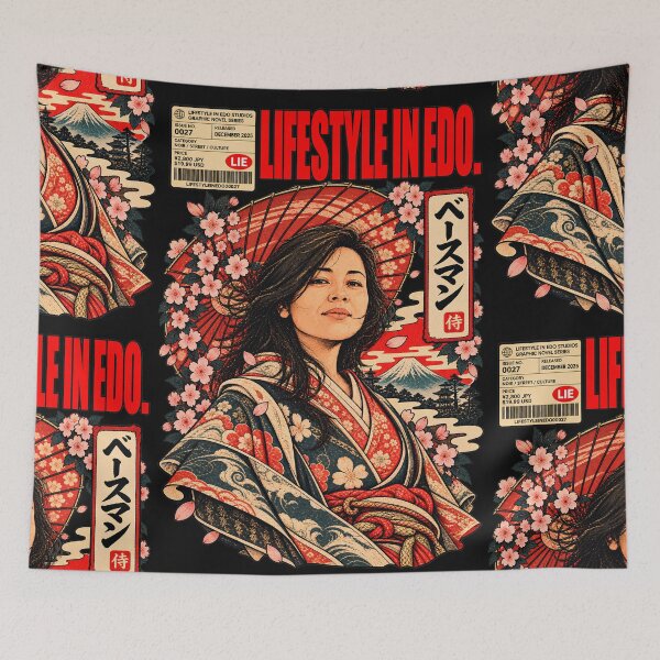 Item preview, Woman Red Parasol Kimono Mount Fuji Cherry Blossom Samurai Portrait Graphic Novel Art designed and sold by BRTHRCNK01.