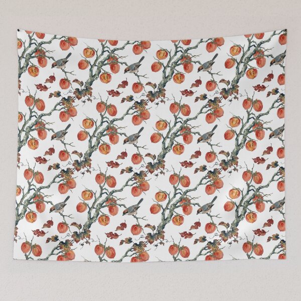 Item preview, Vintage Japanese Persimmon Tree and Songbird Pattern designed and sold by ArtfulAlchemy1.