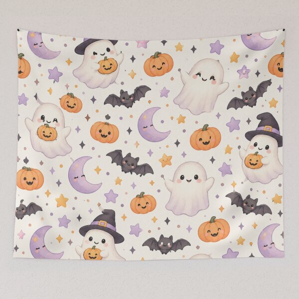 Item preview, Cute Kawaii Halloween Ghosts Pumpkins Bats Pastel Pattern designed and sold by Shivora Studio.