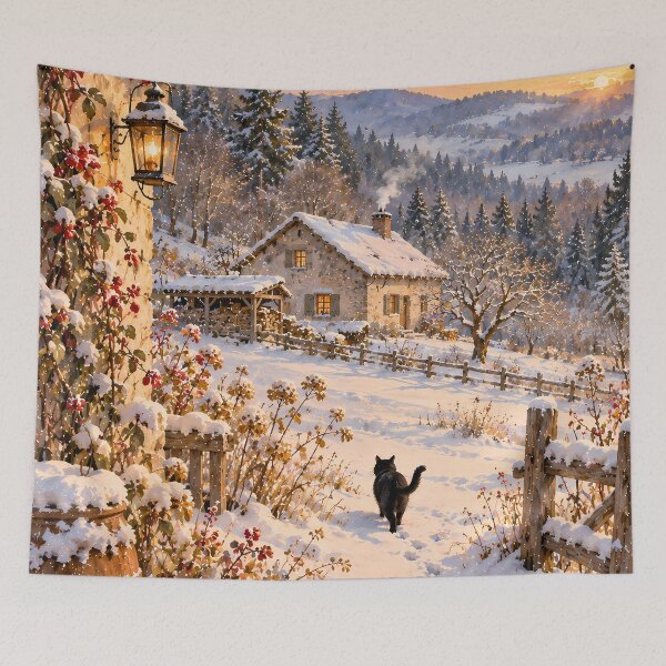 Item preview, Cottagecore Winter Snow Cottage Oil Painting Black Cat designed and sold by Jozefin's Studio.