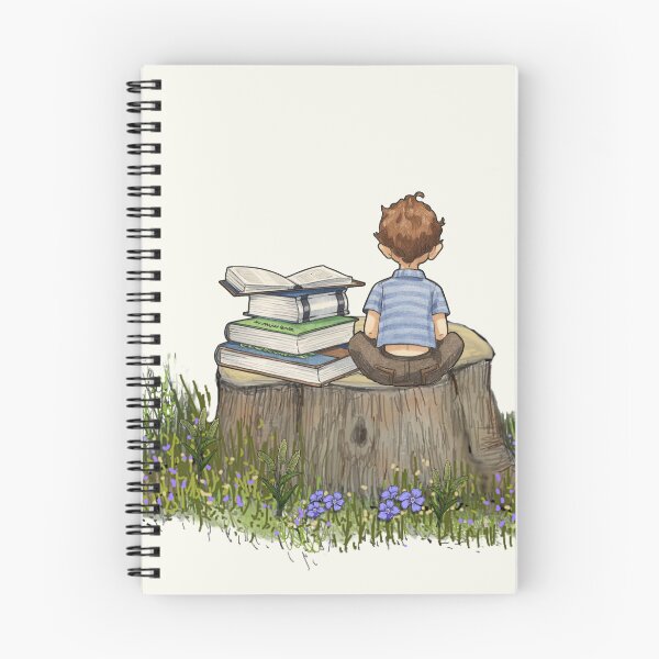 Item preview, Boy Sitting on Tree Stump with Stack of Books Illustration designed and sold by JoyfulWhimsy.