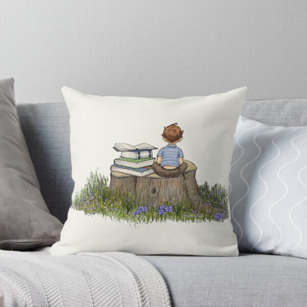 Item preview, Boy Sitting on Tree Stump with Stack of Books Illustration designed and sold by JoyfulWhimsy.
