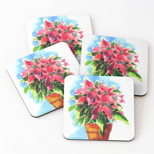 Item preview, Pink Poinsettia in a pot. Original watercolor by Kim Attwooll designed and sold by aswoa.