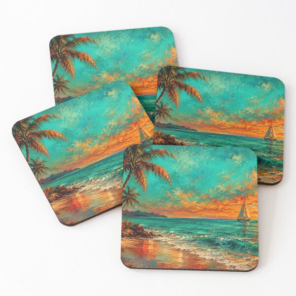 Item preview, Serenity at Twilight – Teal and Orange Tropical Ocean Sunset Sailboat designed and sold by Joey Santiago.