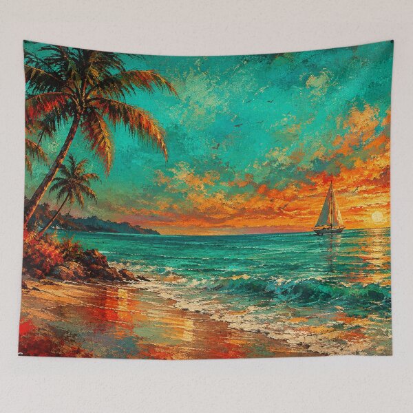 Item preview, Serenity at Twilight – Teal and Orange Tropical Ocean Sunset Sailboat designed and sold by Joey Santiago.