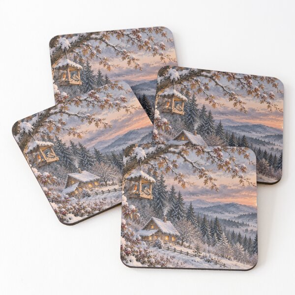 Item preview, Cottagecore Winter Cabin Watercolour Sunset Landscape designed and sold by Jozefin's Studio.