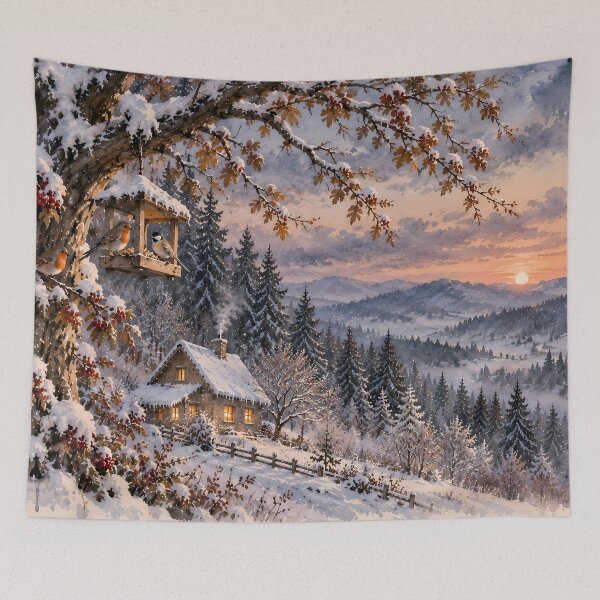 Item preview, Cottagecore Winter Cabin Watercolour Sunset Landscape designed and sold by Jozefin's Studio.