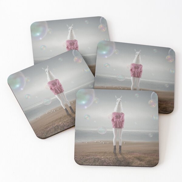 Item preview, ​Surreal Lama Head Woman in Pink Jacket with Soap Bubbles on Beach designed and sold by Vizerskaya.