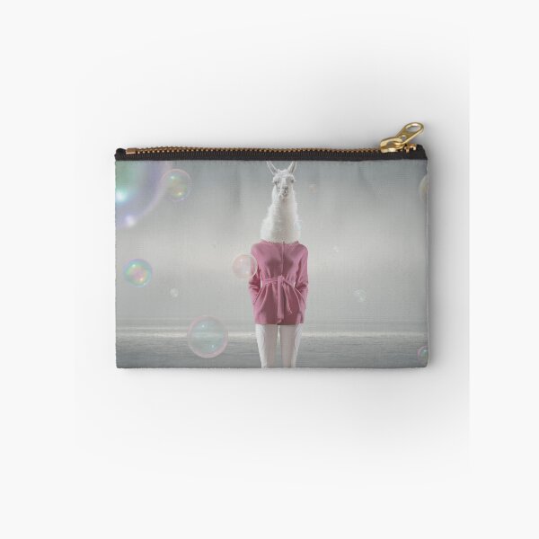 Item preview, Surreal Lama Head Woman in Pink Jacket with Soap Bubbles on Beach designed and sold by Vizerskaya.