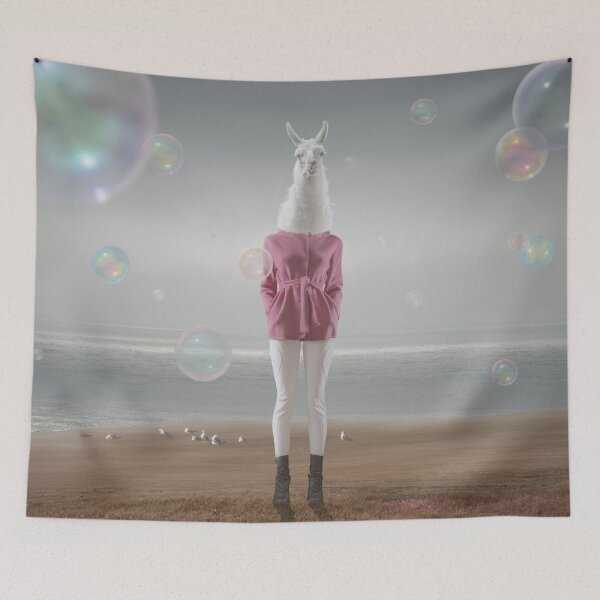 Item preview, ​Surreal Lama Head Woman in Pink Jacket with Soap Bubbles on Beach designed and sold by Vizerskaya.