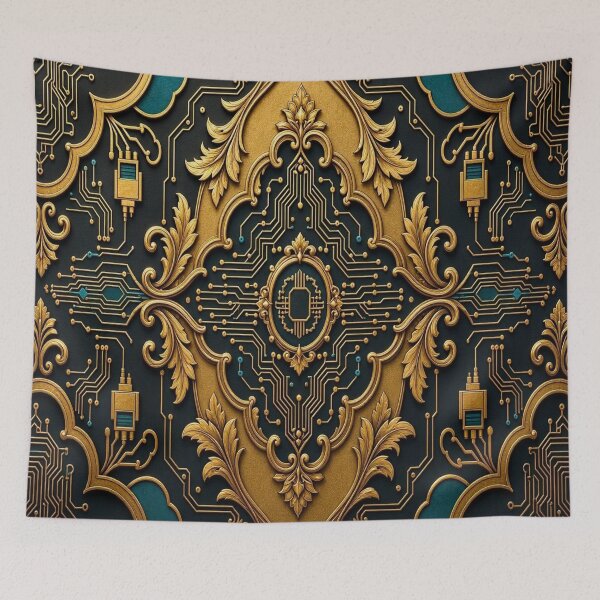 Item preview, Luxury Cyberpunk Baroque Crest Tech Damask Gold Pattern designed and sold by Breezes-of-Ida.