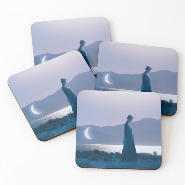 Item preview, Surreal Silhouette of Woman in Long Dress at Dusk with Crescent Moon over Sea designed and sold by Vizerskaya.