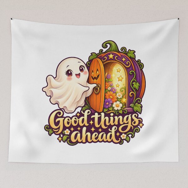 Item preview, Hopeful ghost opens a pumpkin door designed and sold by DreamagineArtDesign.