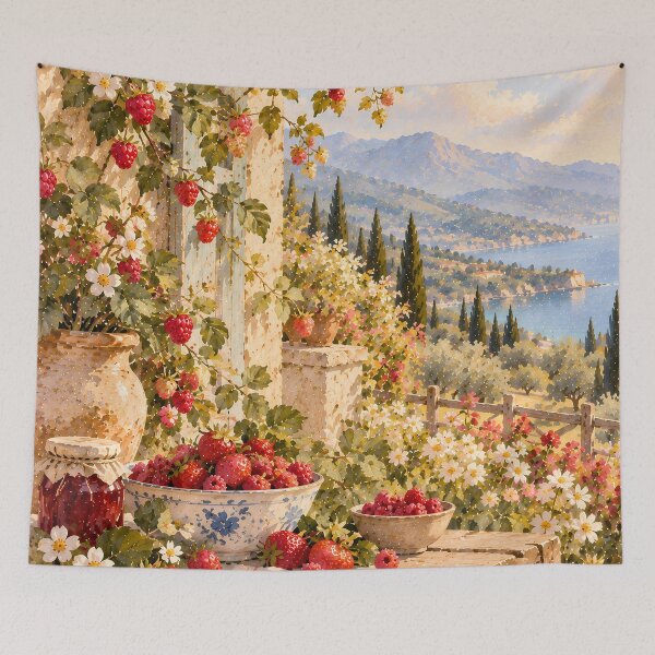 Item preview, Cottagecore Berry Garden Oil Painting Mediterranean View designed and sold by Jozefin's Studio.