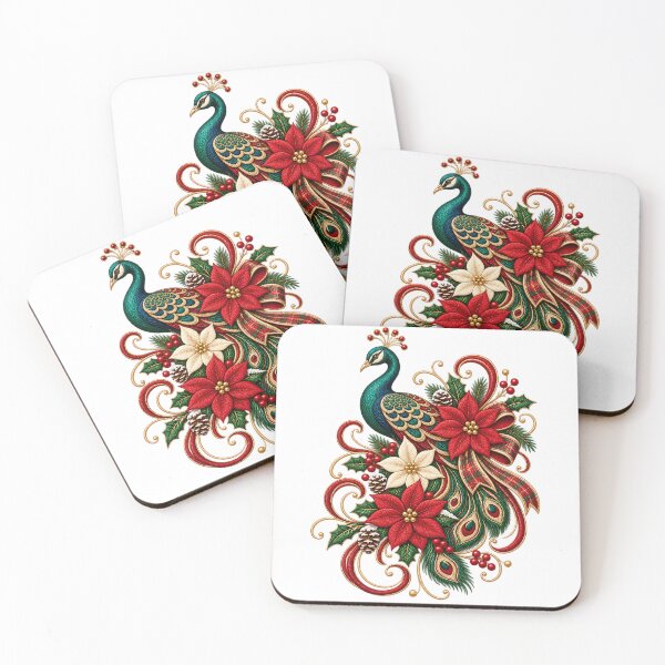 Item preview, Christmas Peacock Poinsettia, Elegant Holiday Bird Sublimation, Plaid Floral designed and sold by DesignArtist.ia.