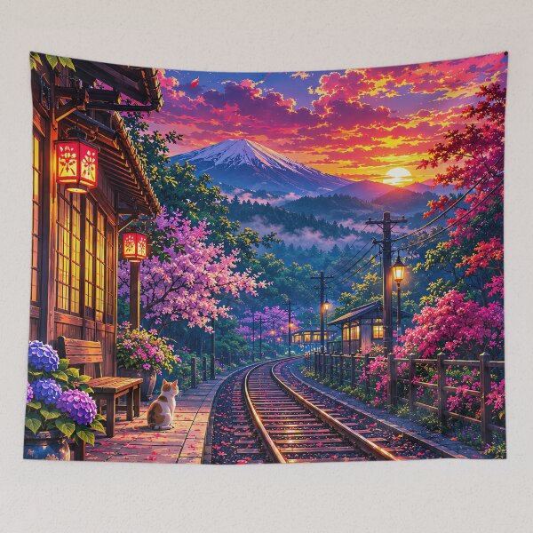 Item preview, Japanese Sunset Railway Through Cherry Blossoms designed and sold by Curio Meridian.