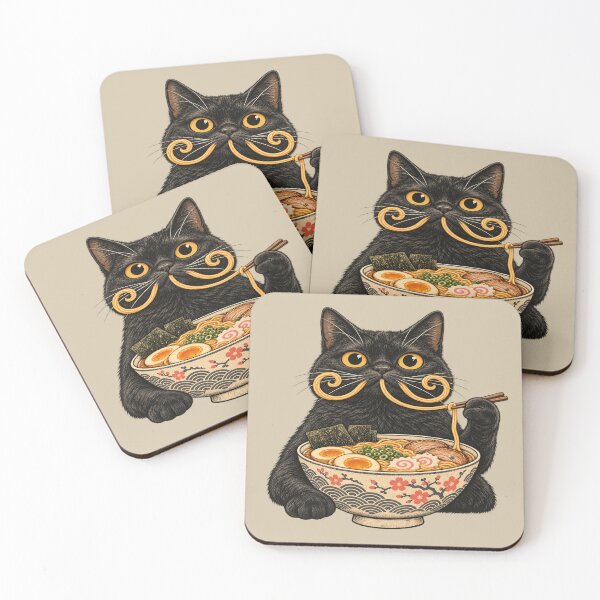 Item preview, Vintage Black Cat Eating Ramen With Noodle Mustache designed and sold by POD DYNASTY | Original Print On Demand T-Shirt Graphics.
