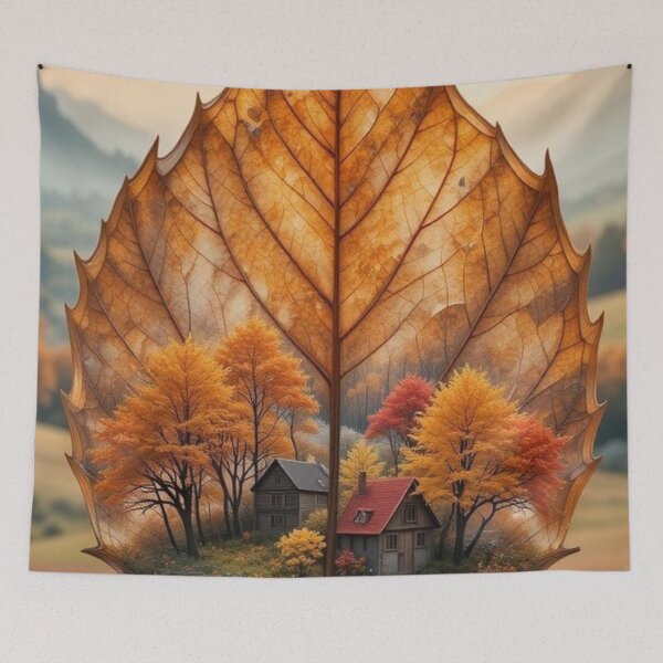 Item preview, Autumn Village Inside Golden Leaf — Cozy Fall Double Exposure Nature Art designed and sold by LYAN-STORE.