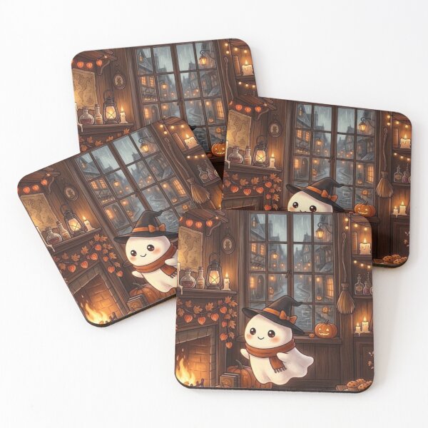 Item preview, Cozy Little Ghost in Witch Hat — Halloween Cottage Fireplace Interior Art designed and sold by LYAN-STORE.