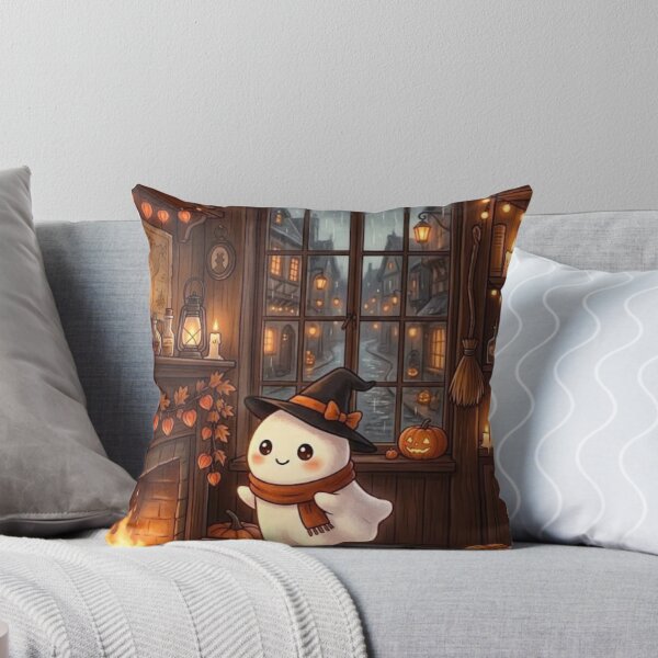 Item preview, Cozy Little Ghost in Witch Hat — Halloween Cottage Fireplace Interior Art designed and sold by LYAN-STORE.
